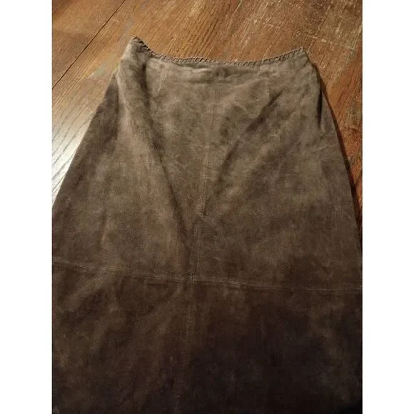 Vintage Sz 6 Margaret Godfrey Brown Suede Leather Maxi Skirt Flower Cut Out Hem - Picture 3 of 8